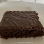 Chocolate Texas Sheet cake on a white plate.