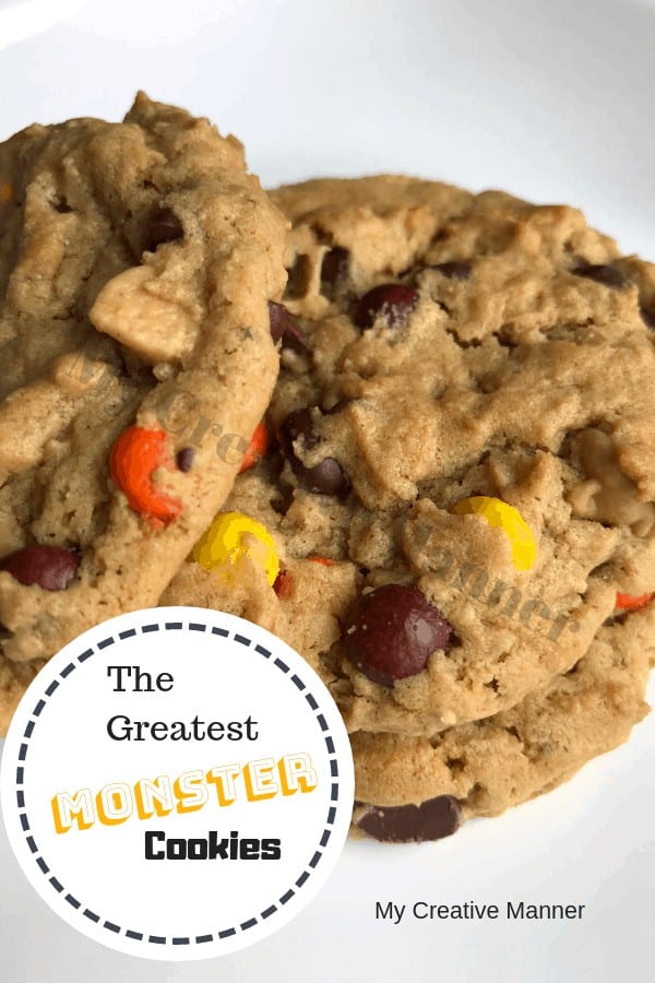 Thick, chewy and packed with chocolate chips, peanut butter chips and M&M's these Monster Cookies are sure to be a huge hit. #mycreativemanner #monstercookies #peanutbuttercookies #m&mcookies #cookierecipes #dessertrecipes