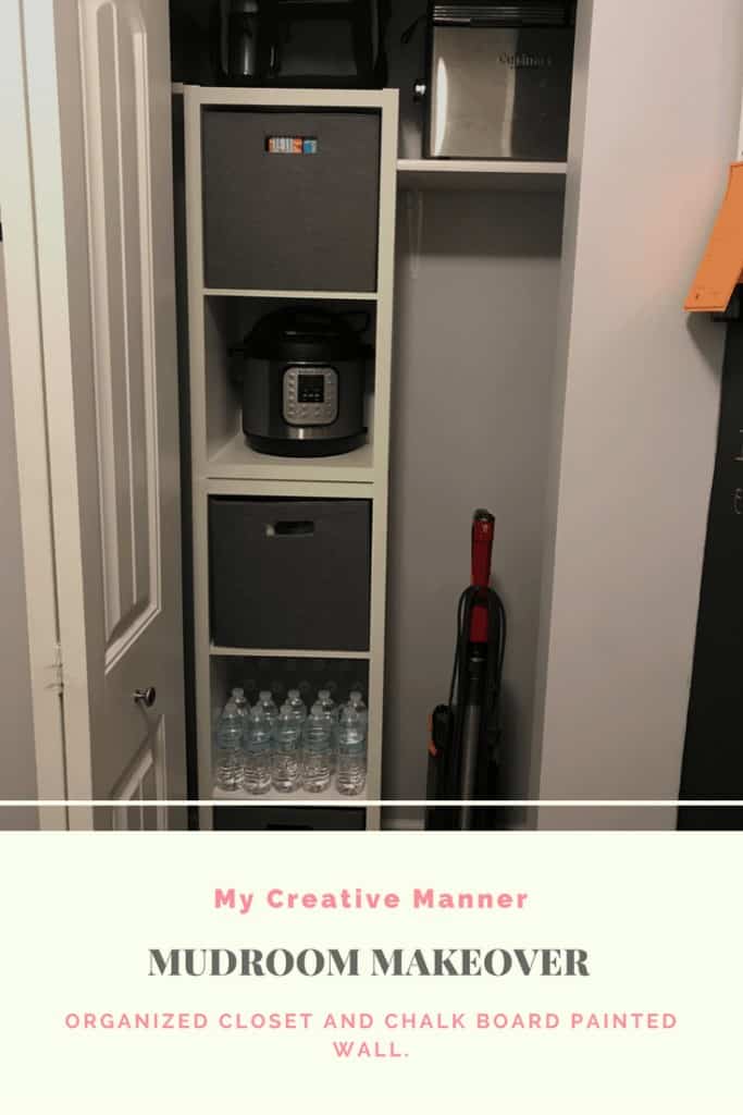 Closet with shelves and a vacuum after the mudroom makeover. 
