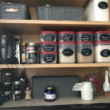 A cupboard that is filled with baking supplies.