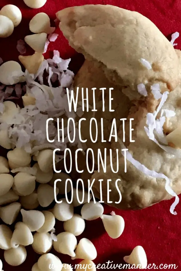 How to make white chocolate chip coconut cookies. Chewy and the softest white chocolate chip cookies loaded with coconut. #mycreativemanner #easyrecipe #butter #cookies #cookierecipe #dessert #dessertmasters #baking #bakingcookies #coconutcookies #coconut