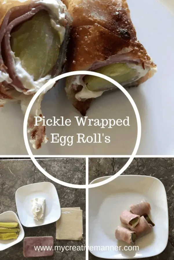 three pictures top on shows a made pickle wrapped egg roll, the bottom left shows the ingredients of cream cheese, ham, pickles, and egg roll wrappers. The next picture shows pickles wrapped in cream cheese and ham.