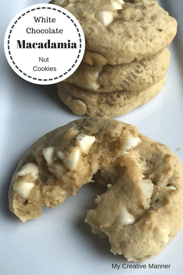 The best white chocolate macadamia nut cookies ever! #mycreativemanner #macadamianutcookies #whitechocolate #bestmacaadamiacookie #macadamianuts #cookies #christmastreats #christmascookies