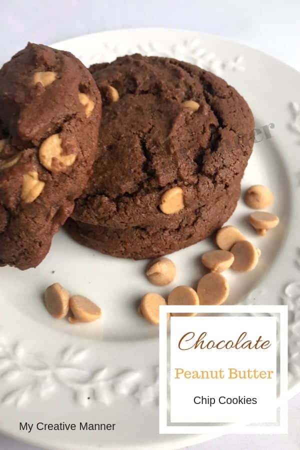 Chocolate Peanut Butter Chip Cookies #mycreativemanner #cookies #recipes #desserts #soft #chewy #reeses #chocolatelove #chocolate #chocolatecookies