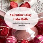 Valentine's day cake balls on a pink cake stand.