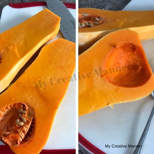 Two pictures the one on the left is of a butternut squash cut in half. The picture on the right is of the butternut squash cut in half and with the seeds take out. 