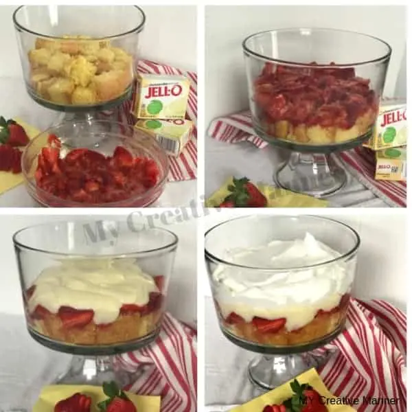 Glass trifle bowl layered with yellow cake, strawberries, cheesecake pudding, and cool whip.