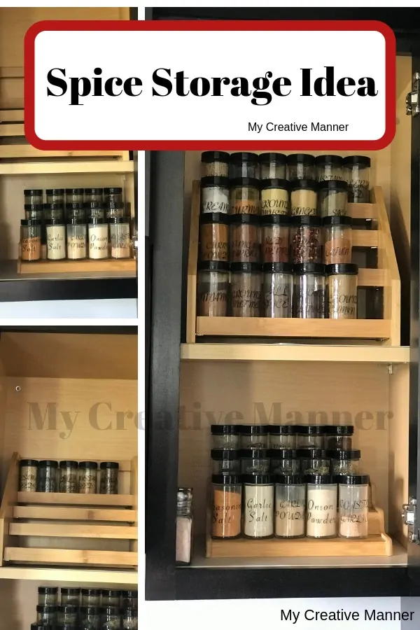 Multiple pictures showing how to organize a spice cupboard.