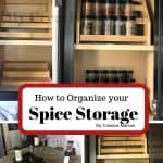 Multiple pictures showing how to organize a spice cupboard.