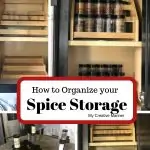Multiple pictures showing how to organize a spice cupboard.