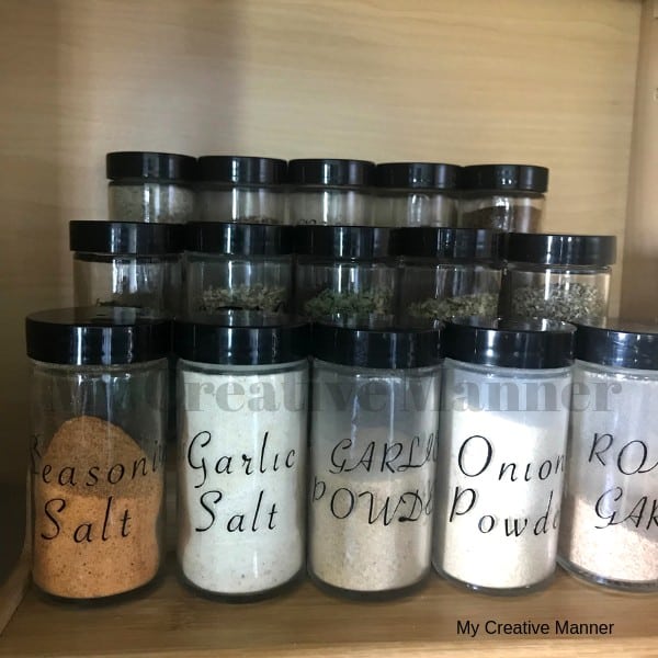 Close up picture of spice jars and their lables. 