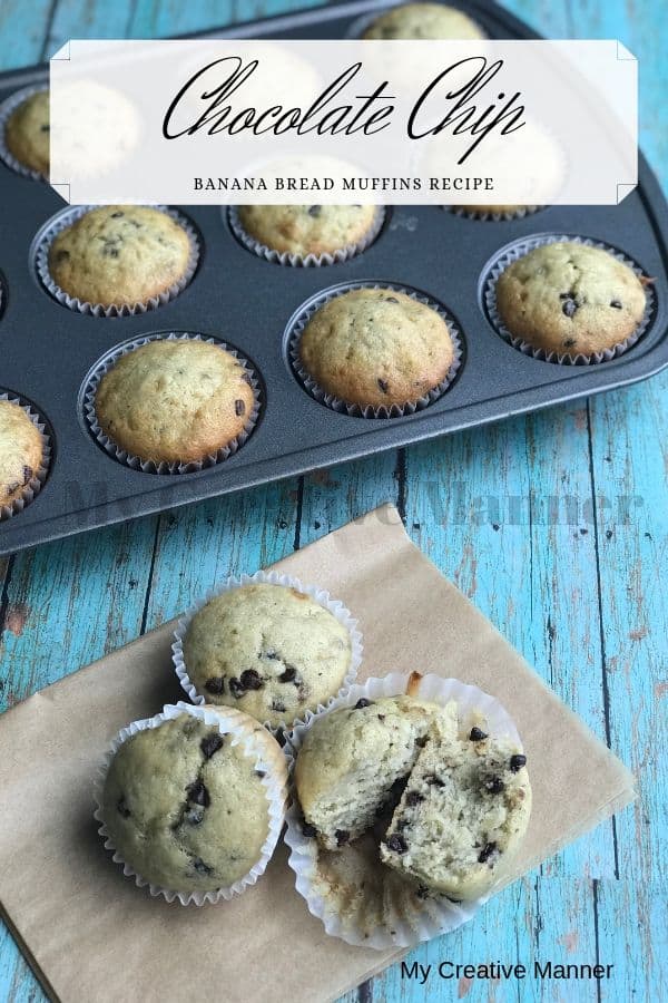 Muffin tin with Chocolate Chip Banana Bread Muffins in it. In front of the pan is three muffins on a brown paper. One of the muffins is cut in half. The words Chocolate Chip Banana Bread Muffins is at the top of the picture.