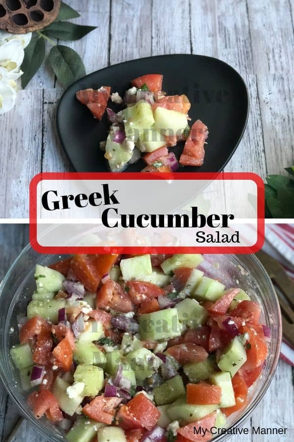 This picture has two pictures in it. the top on is a grey plate with the salad on it. The bottom picture is a bowl filled with more of the salad. In the middle of the picture the words Greek Cucumber Salad are in a box.