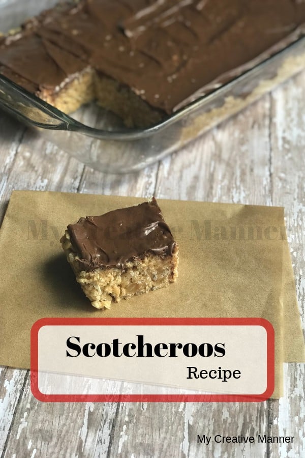 A Scotcheroos bar on a brown paper with a glass baking dish behind it filled with more Scotcheroos. The words Scotcheroos recipe at the bottom of the page.