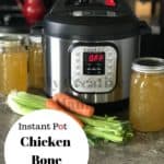 An Instant Pot with three mason jars that are filled with bone broth sitting on a counter top with celery, onion and carrots in front of the jars.