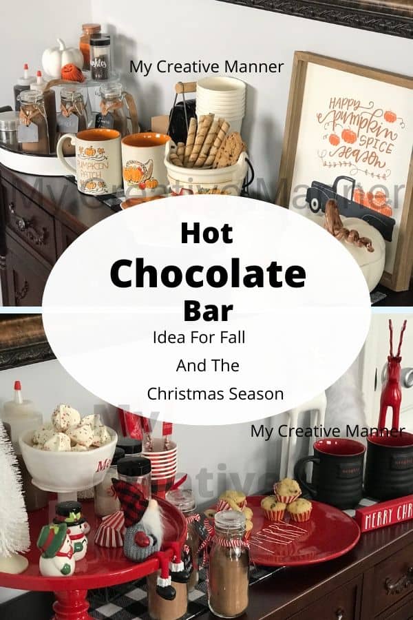 There are two images in this photo. The first shows a hot cocoa bar set up for fall. The second images shows a hot chocolate bar set up for Christmas. In the middle of the image is an oval with the words Hot Chocolate Bar Idea for Fall and the Christmas Season.