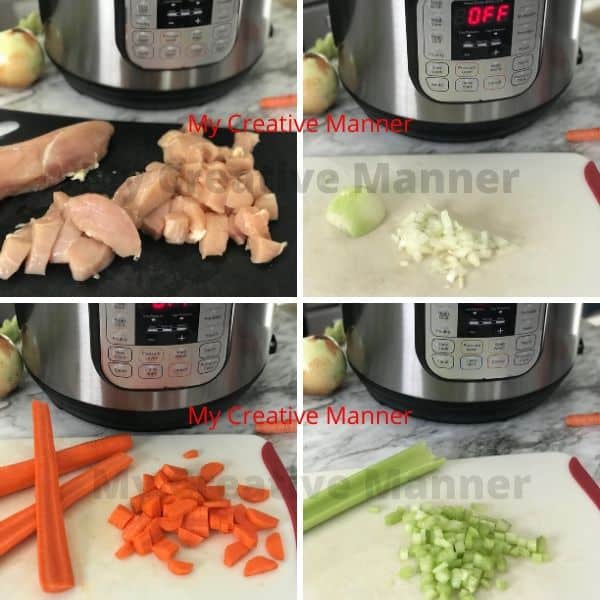 Four images in one. The first is of raw chicken being cut, the second is of onion being cut, the third is of carrots being cut, and the fourth is of celery being cut.