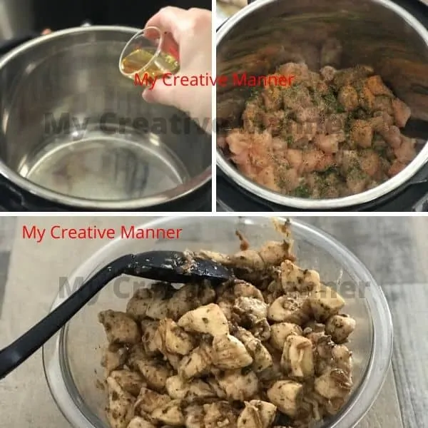 Three imgaes of chicken breast being prepared for pressure cooker chicken noodle soup.