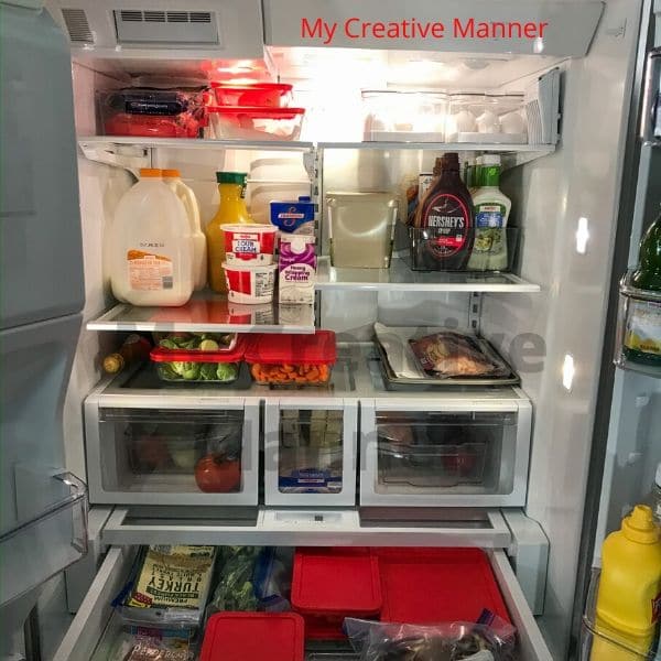 The inside of a completely organized fridge.