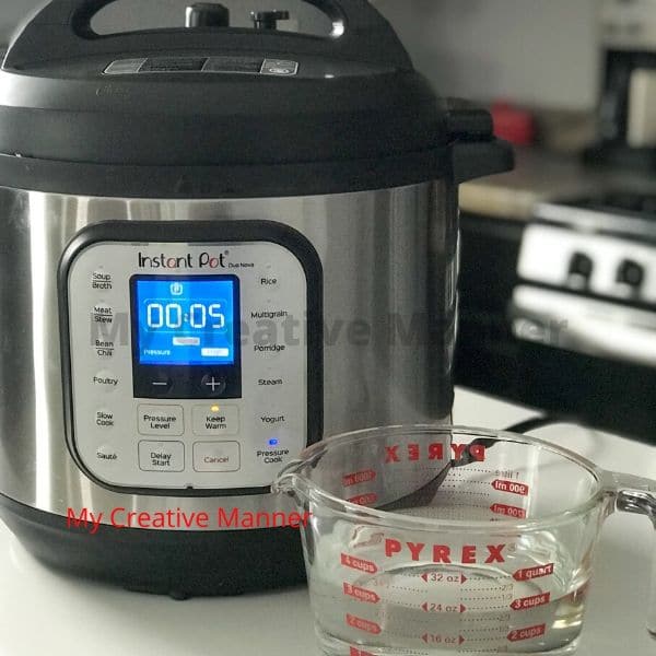 An Instant Pot Duo Nova with a measuring cup of water next to it.