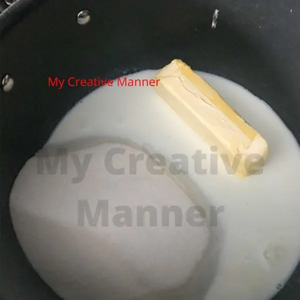 Sugar, butter, and milk in a sauce pan.