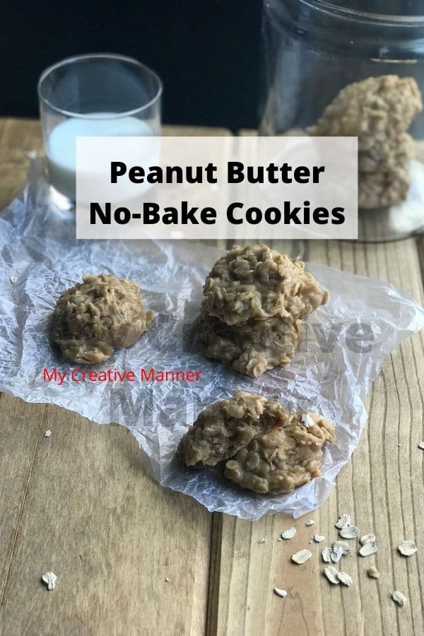 Three peanut butter no bake cookies on wax paper with a glass of milk and a jar with more cookies in it. With the words Peanut Butter No-Bake Cookies at the top of the image.