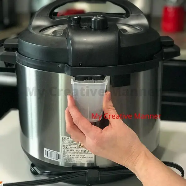 Showing where the condensation cup goes on the back of the Instant Pot.