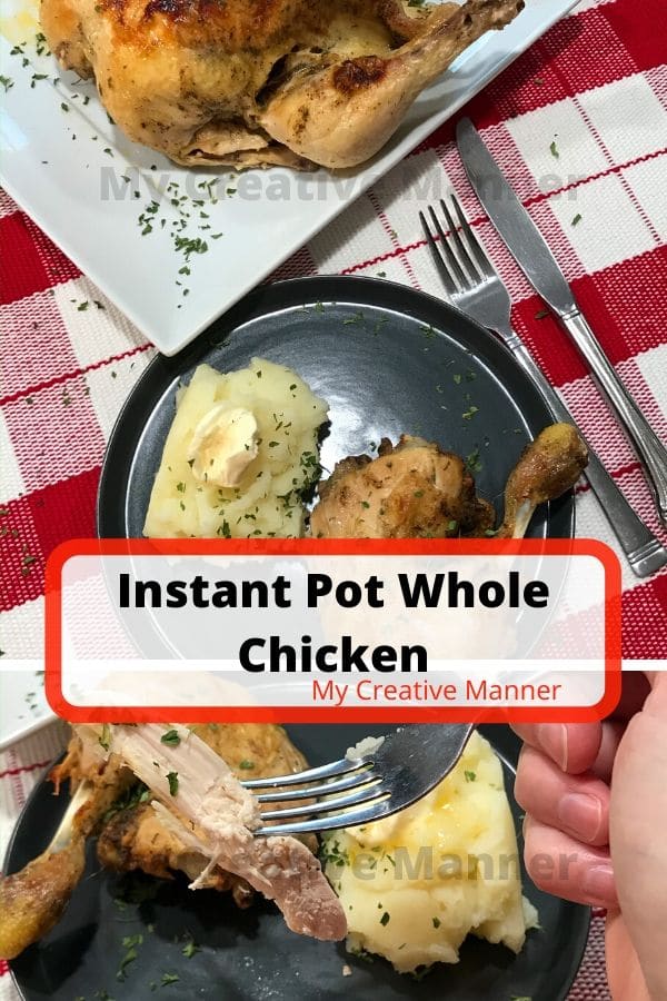 A chicken leg quart on a plate with mashed potatoes. There is a hand that has a fork in it with a piece of the chicken on it.