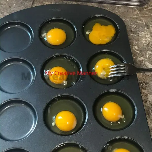 Eggs in a muffin pan.