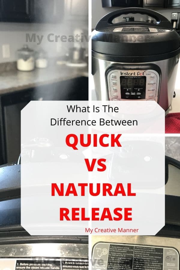 The front of an Instant Pot, an image of steam being released and an image of the lid.