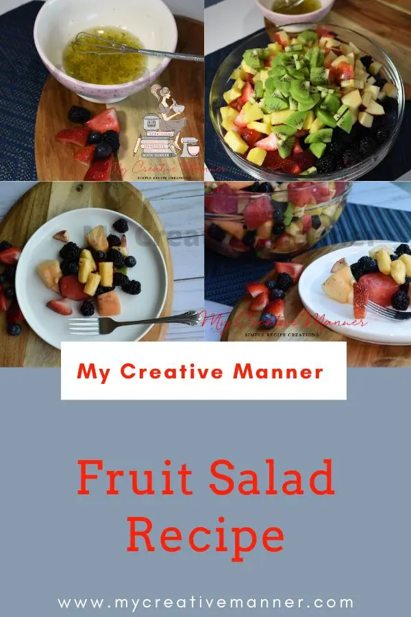 Images of honey lime dressing in a bowl and then fruit in a large bowl. Then fruit salad on a plate.