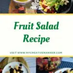 Images of honey lime dressing in a bowl and then fruit in a large bowl. Then fruit on a plate.