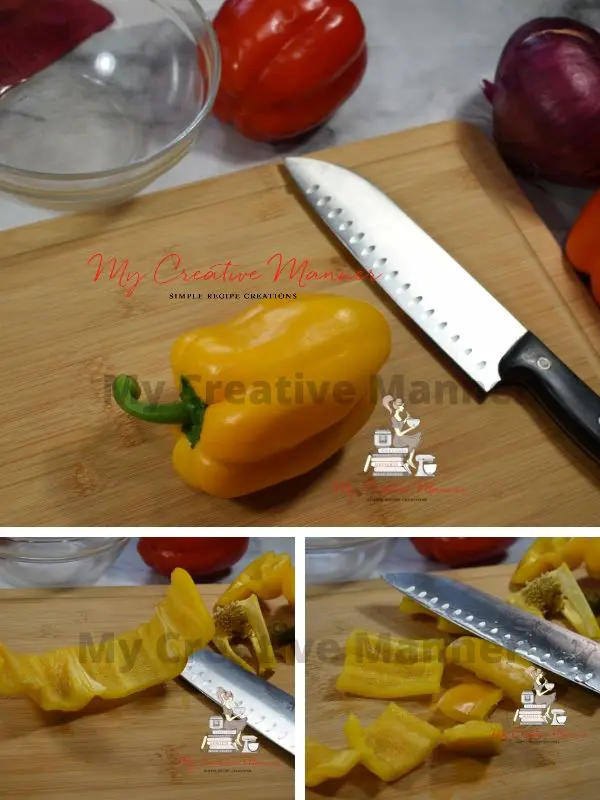 Yellow bell pepper being cut up.