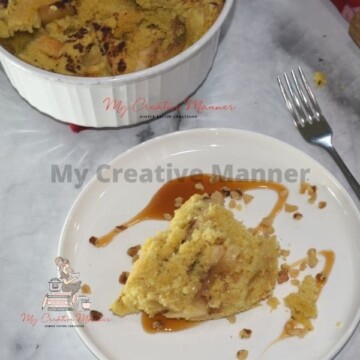A baking dish that is filled with Instant Pot apple dump cake and more on a plate.