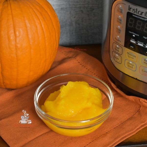 Bowl with fresh pumpkin puree next to an Instant Pot.
