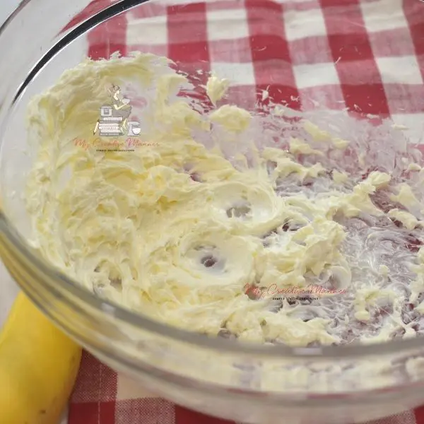 Cream cheese whipped in a bowl.