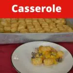 Tater tot casserole on a plate and some in a baking pan.