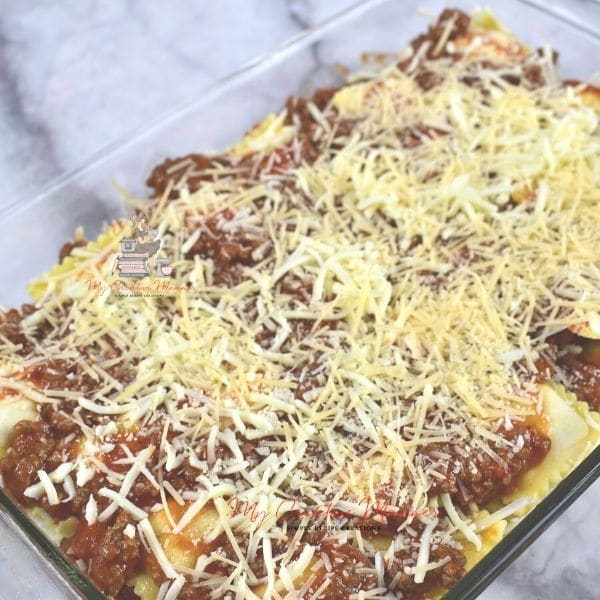 Recipe with ground beef that is unbaked in a dish.