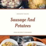 Four images of the recipe being prepared. The first is of the raw ingredients in a crockpot. The next is the cooked with cheese on top of it. The third is the finished recipe in a bowl. The fourth is a closer look at the recipe that has Kielbasa on a fork.