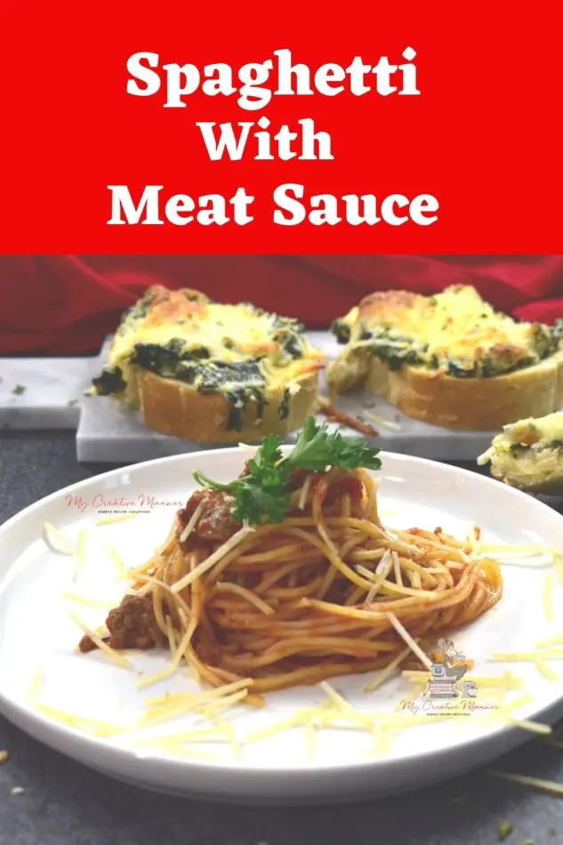 A plate of pasta with the words Spaghetti with Meat Sauce at the top of the image.