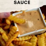 A fry being dipped into a sauce.