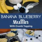 Banana Blueberry muffins in a tin with a flour canister, eggs, blueberries, bananas, and sugar.