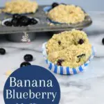 Blueberries in a muffin tin with fresh baked banana blueberry muffins.