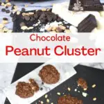 Crock pot chocolate peanut clusters on a platter. The front of a slow cooker with chocolate and peanuts in front of it.