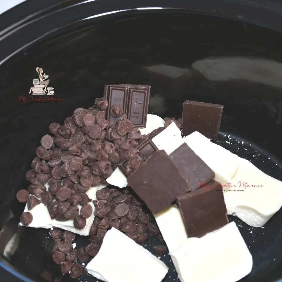 Chocolate melts inside a crock pot.