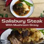 The recipe on a plate that has mashed potatoes that are covered in gravy with asparagus.