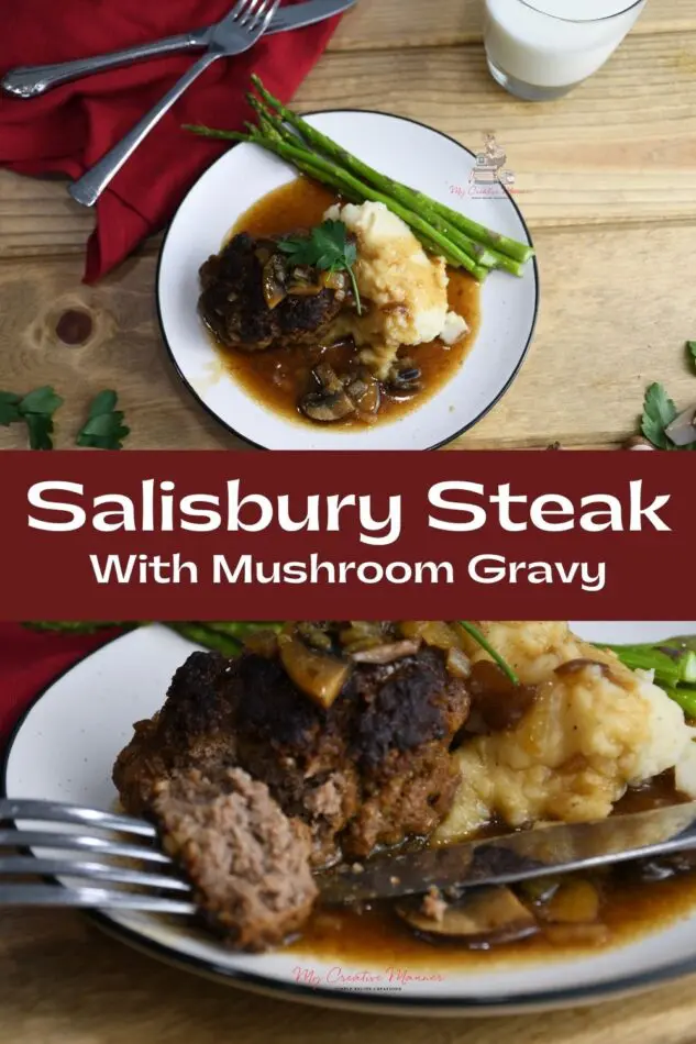 The recipe on a plate that has mashed potatoes that are covered in gravy with asparagus.