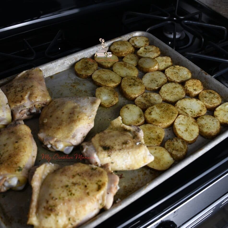 A sheet pan recipe that has been partially roasted.