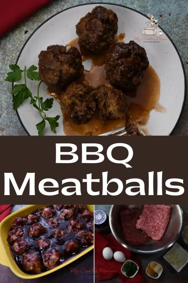 Top image is of finished meatballs, the next is the recipe in a baking dish before baking, and the last is of all the ingredients that is need to make the recipe.