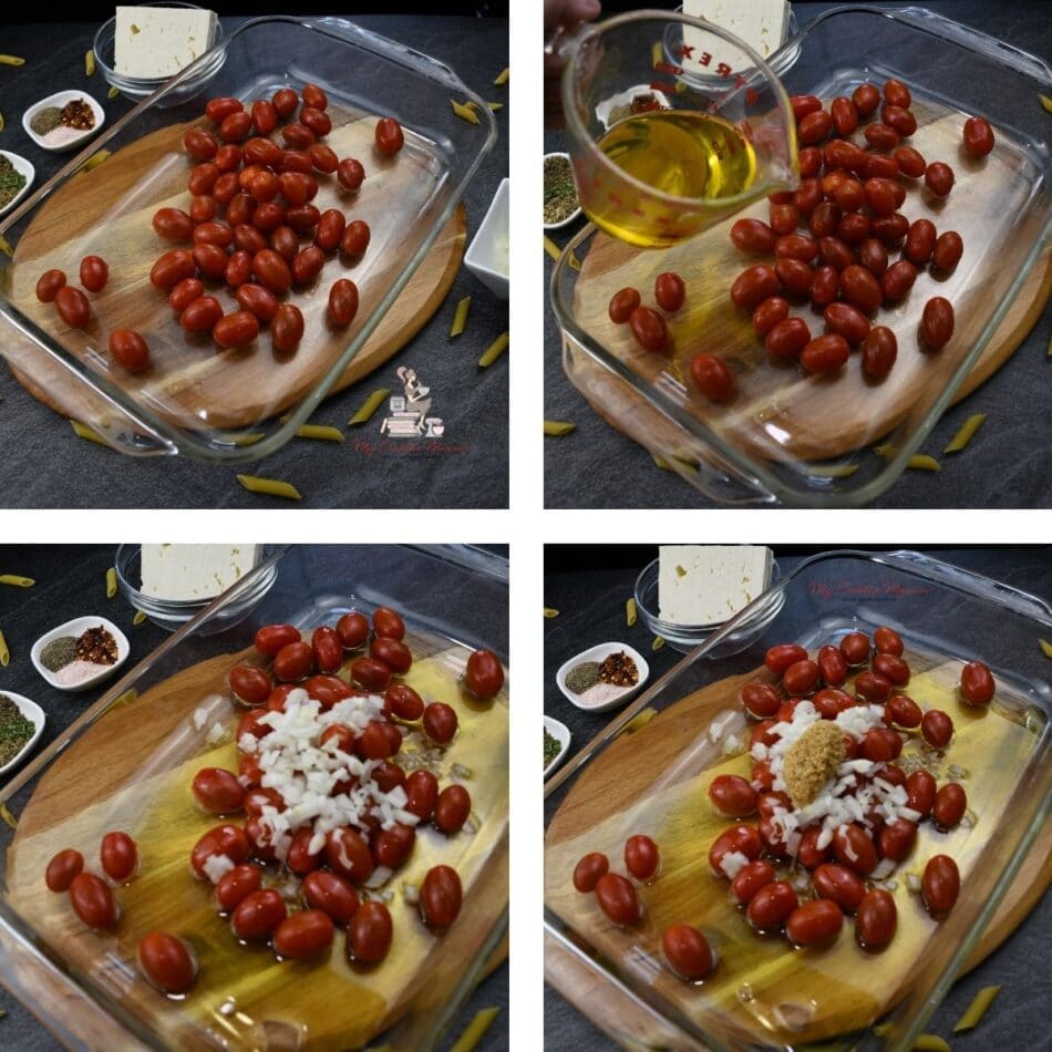 First image is of cherry tomatoes in baking dish, the next is olive oil being poured over top of the tomatoes. The third is with onions added onto the tomatoes, and the last is with garlic added on top of the onions.